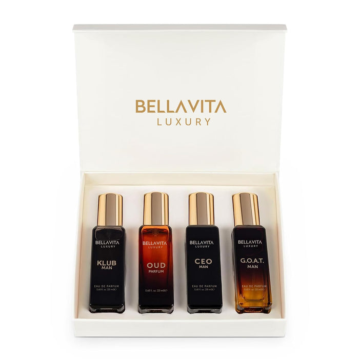 Bella Vita Organic Man Luxury Perfume Gift Set 4x20 ML for Men with Dominus, Oud, CEO, Impact Perfume|Woody, Citrusy Lon