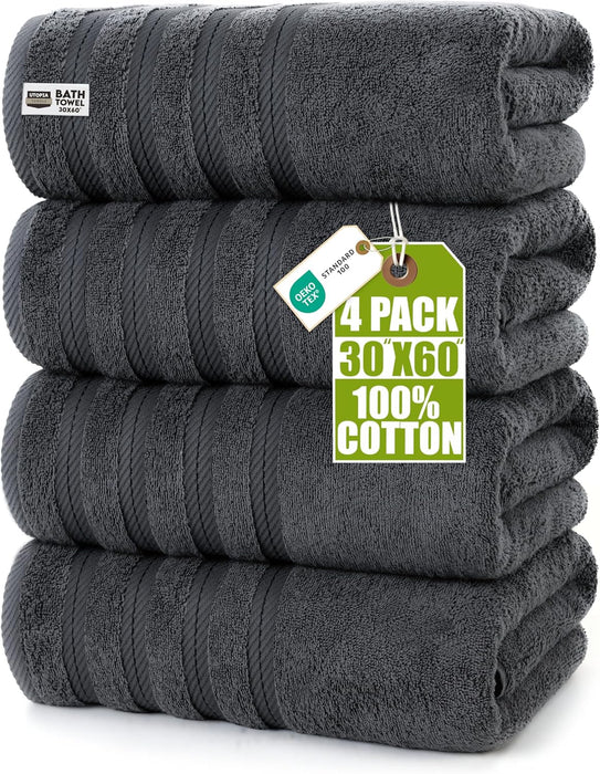 4 Pack XL Bath Towels, 30x60 in, Cotton, Grey