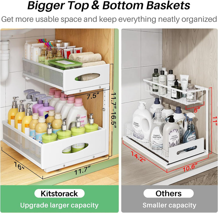 Under Sink Organizer, 2-Pack Pull Out Cabinet Organizer 2 Tier Metal Slide Out Storage Shelf Rack, L-Shaped Adjustable H