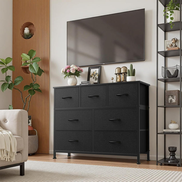 7 Drawer Fabric Dresser for Bedroom Storage with Bins, Black