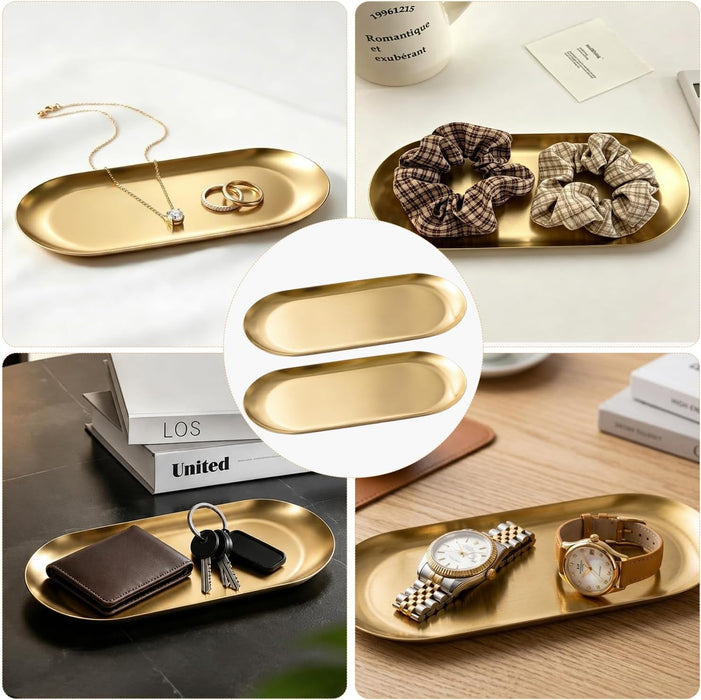 2 Pcs Gold Stainless Steel Decorative Trays, 9" Perfume Trays for Bathroom