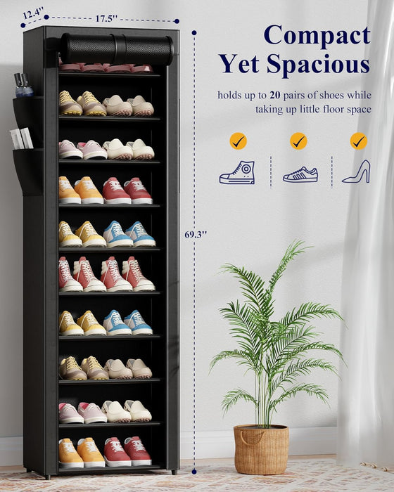 10-Tier Shoe Rack with Cover, Vertical Shelf, 17.5" Wide, Black