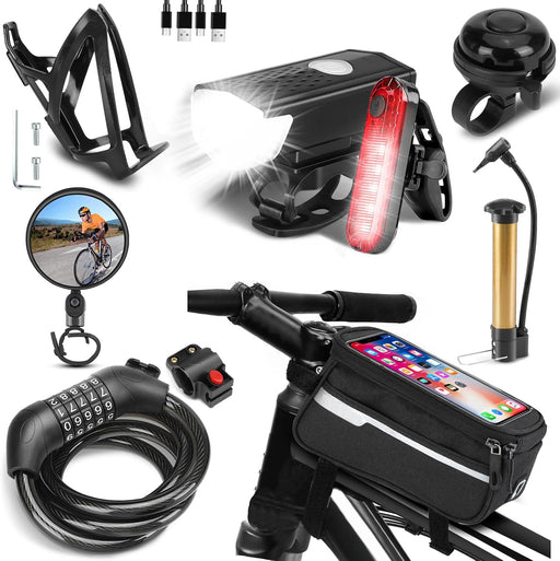 8 Pack Bicycle Accessories, Bike Light Set USB Rechargeable, 1 Bike Water Bottle Holder, Bicycle Bag and 1 Bike Aluminum