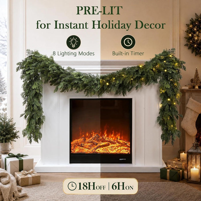 Pre-Lit Christmas Garland 9FT Decorations Real Touch Cedar Cypress Pine Greenery Artificial Green Christmas Garland with