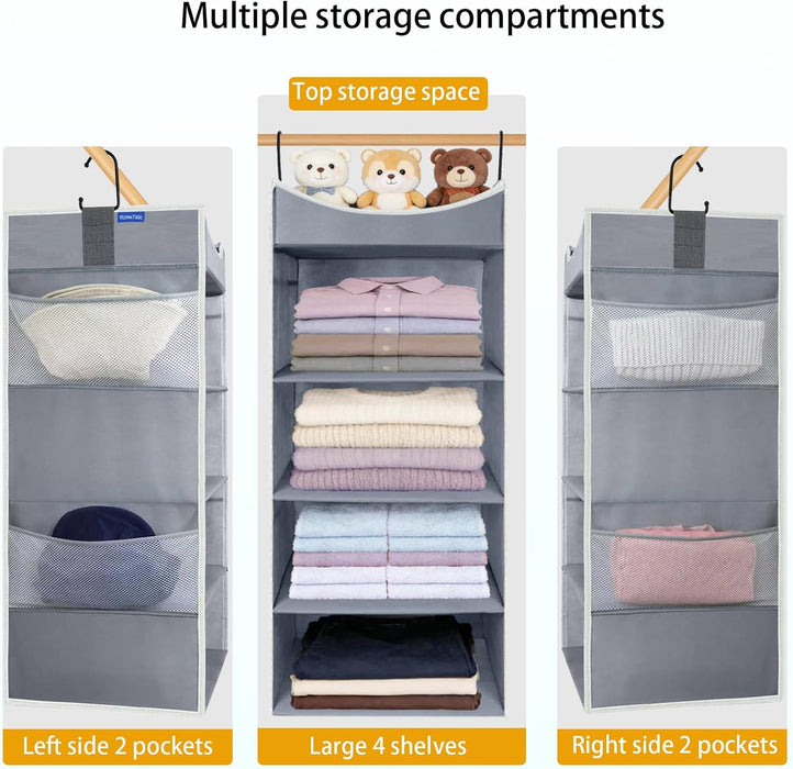 4-Shelf Hanging Closet Organizer and Storage with Side Pockets, Collapsible Closet Hanging Shelves for Storage, Grey