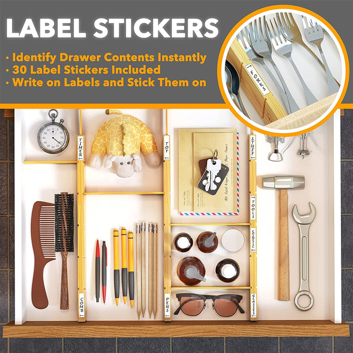 Bamboo Drawer Dividers with Inserts and Labels, Kitchen Adjustable Drawer Organizers, Expandable Organization for Home, 