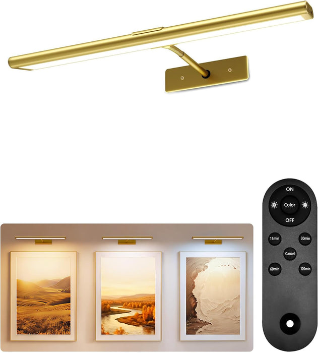 Picture Light for Wall, 4800mAh Rechargeable Wireless Remote, 16‘’ Dimmable Magnetic LED Art Display Light with 3 Color Temperatures, for Gallery, Living Room, Bedroom, Hallway (Gold)