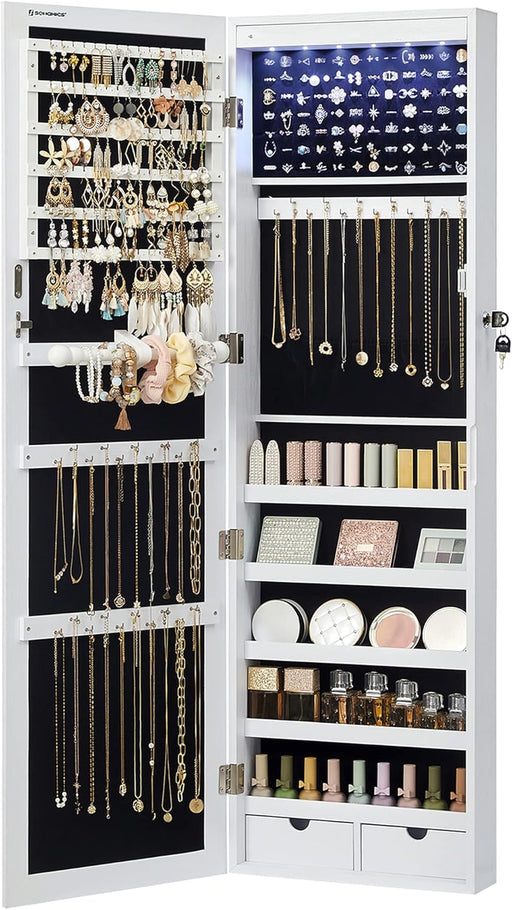 6 LEDs Mirror Jewelry Cabinet, 47.2-Inch Tall Lockable Wall or Door Mounted Jewelry Armoire Organizer with Mirror, 2 Drawers, 3.9 x 14.6 x 47.2 Inches, White UJJC93W