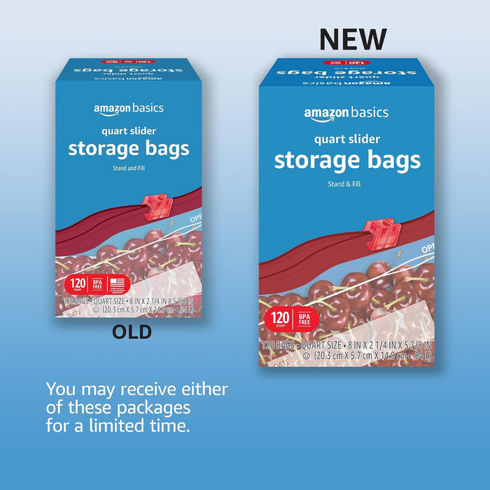Slider Quart Food Storage Bags with Stand-Up Bottom, Easy to Fill, BPA Free, 120 Count (Previously Solimo)