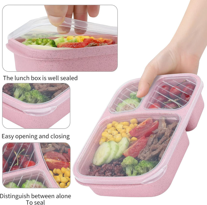 4 Pack Bento Lunch Box Set 3 Compartment Food Storage Containers Wheat Straw Meal Prep Lunch Box Plastic Food Storage Co