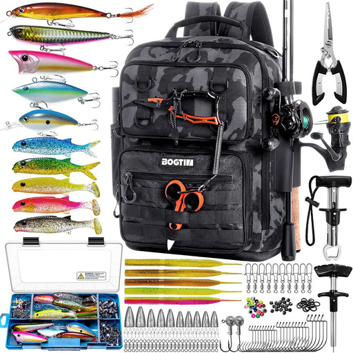Fishing Gear Backpack with Tackle Box and 2 Rod Holders,Lure Kit & Tool Set