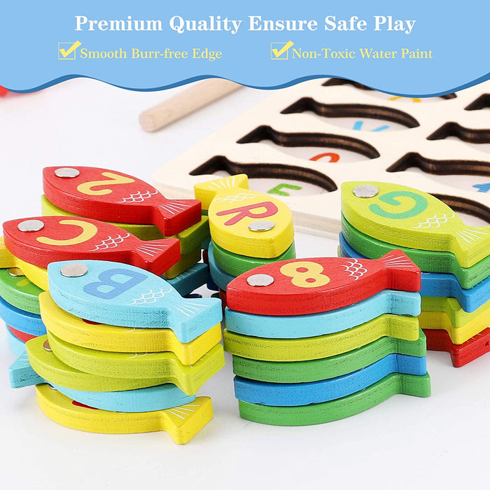 Magnetic Wooden Fishing Game Toy for Preschoolers, Alphabet Fish Catching Counting Games Puzzle with Numbers and Letters
