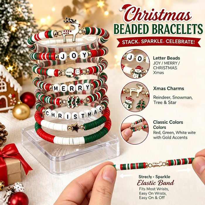 Christmas Bracelets for Women, Beaded Stretch Bracelet, Xmas Jewelry