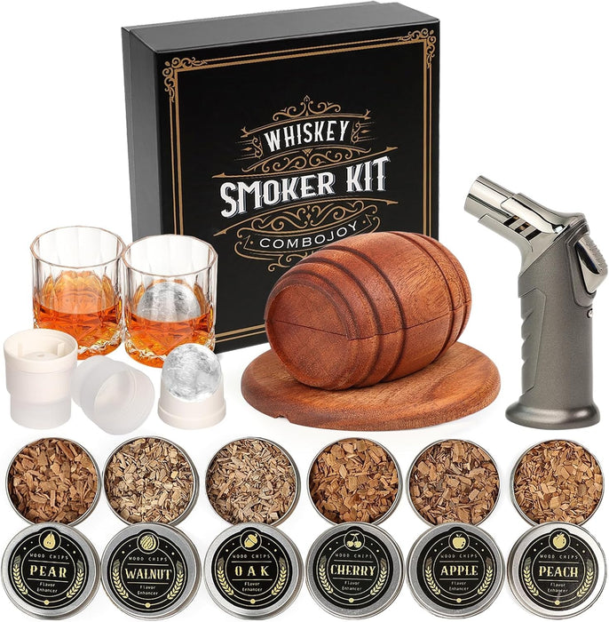 Whiskey Smoker Kit with Torch - 6 Flavors Wood Chips, 2 Glasses, 2 Ice Ball Molds - Cocktail Smoker Infuser Kit, Old Fas