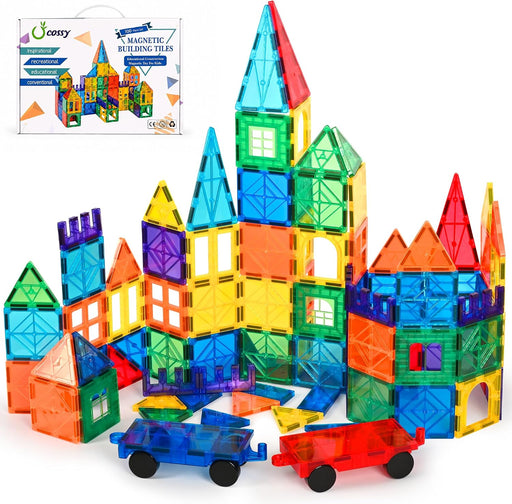 100 Pcs Magnetic Tiles, Magnet 3D Building Blocks Set with 2 Cars