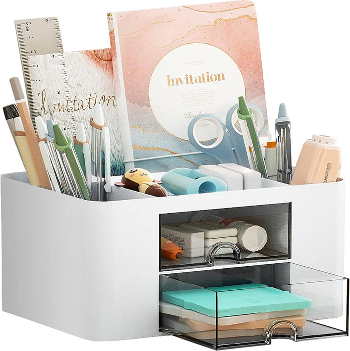 Pen Organizer with 2 Drawer, Multi-Functional Pencil Holder for Desk, Desk Organizers and Accessories with 5 Compartment