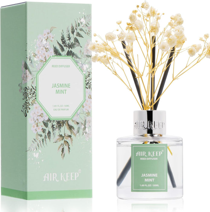Reed Diffuser Set,1.69 fl oz (50 ml) - Jasmine Mint Oil Diffusers with 8 Reed Sticks,Home Fragrance Reed Diffuser for Bathroom Shelf Decor