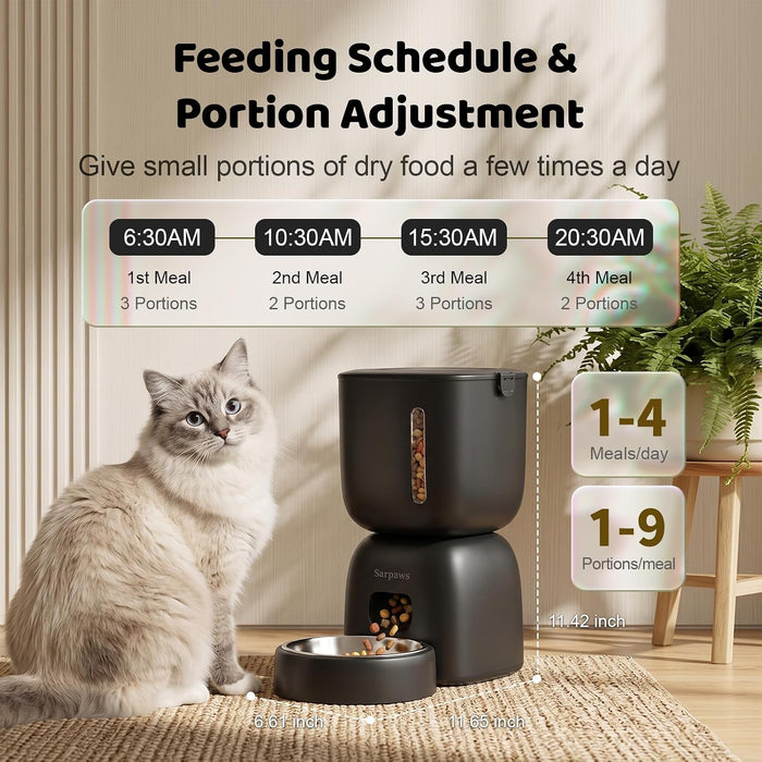 Automatic Cat Feeder, 3L Timed Pet Food Dispenser with 304 Stainless Steel Bowl, 10s Voice Recorder, Dual Power 180-Day 