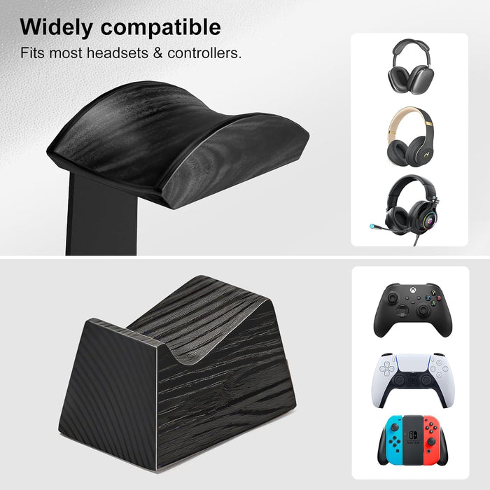 Solid Wood Headphone Stand with Controller Holder for Desk