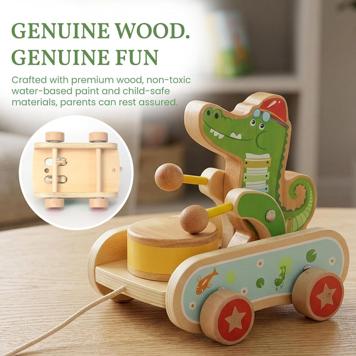 Wooden Push Toys for Toddlers 1-3, Crocodile Beating Drum Walking Pull Toy