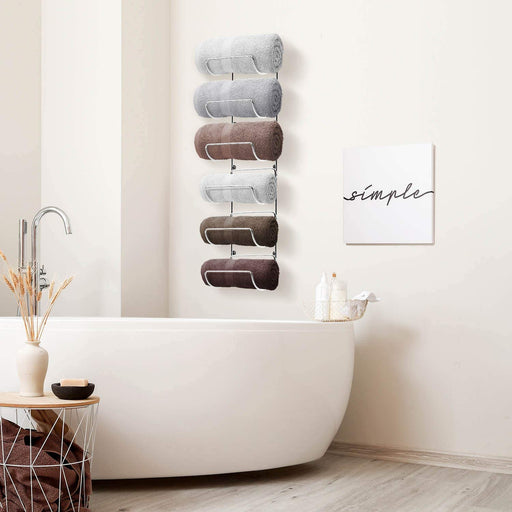 6-Tier Wall-Mounted Rolled Towel Rack — Silver