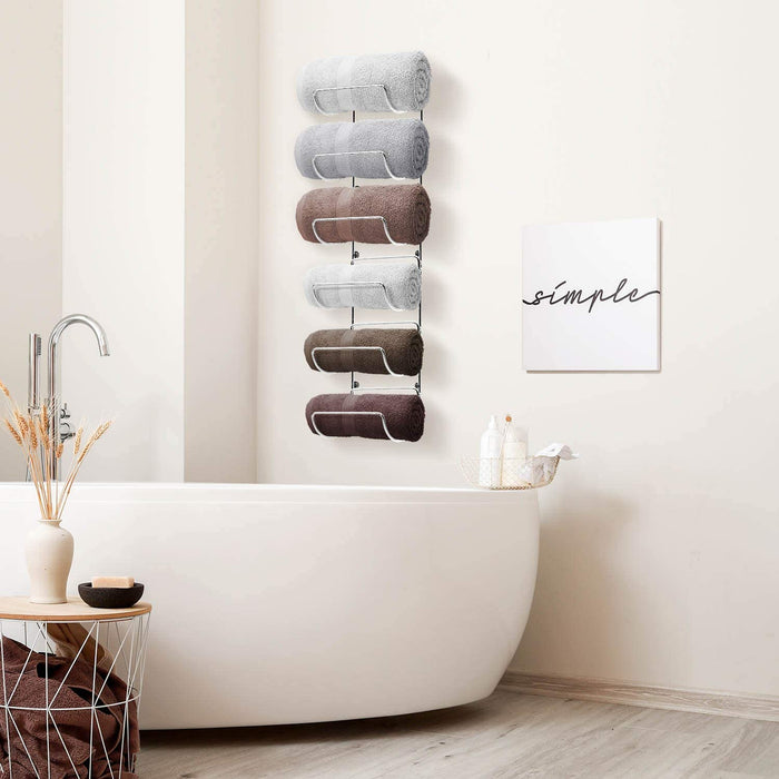 6-Tier Wall-Mounted Rolled Towel Rack — Silver