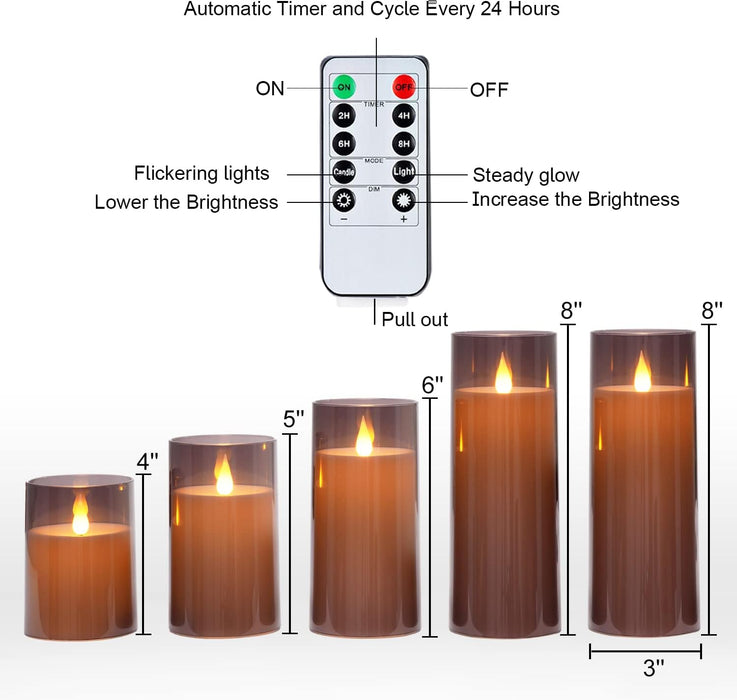 Gray Flickering Flameless Candles, Battery Operated Acrylic LED Pillar Candles with Remote Control and Timer, Halloween Decor, Set of 5
