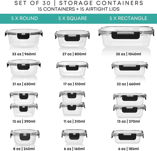 30 PC Glass Food Storage Containers with Lids - Reusable Glass Meal Prep Containers for Lunch and Leftovers - Airtight & Leakproof Snap Locking Lids - Oven, Freezer, Microwave, Dishwasher Safe