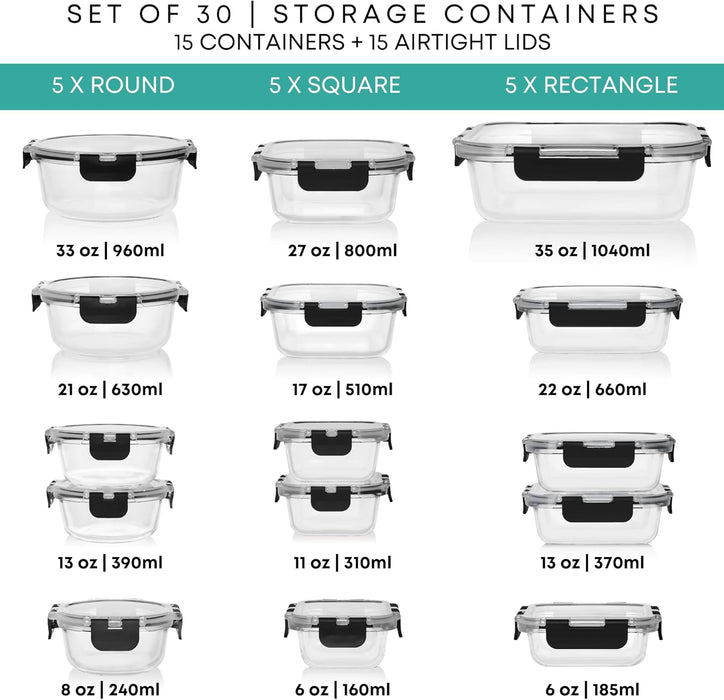 30 PC Glass Food Storage Containers with Lids - Reusable Glass Meal Prep Containers for Lunch and Leftovers - Airtight & Leakproof Snap Locking Lids - Oven, Freezer, Microwave, Dishwasher Safe