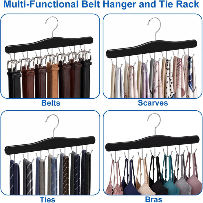 Belt Hanger for Closet, Holds Up to 42 Belts, Sturdy Wooden Belt Rack with 14 Hooks, Space-Saving Belt and Tie Organizer