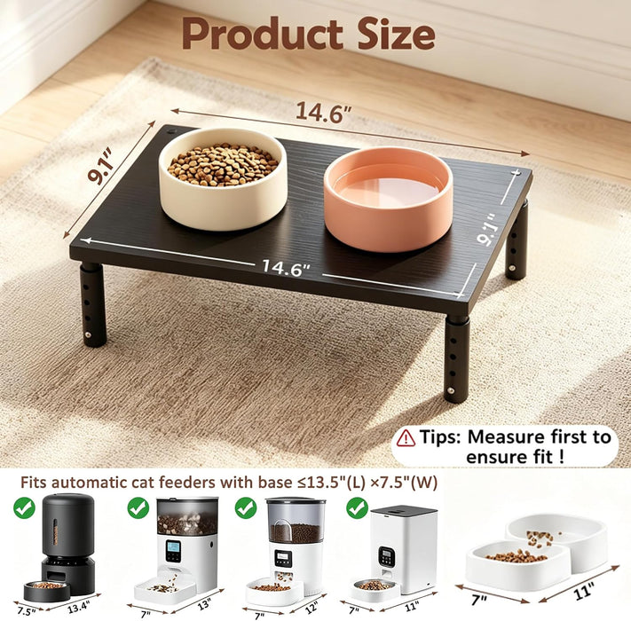 Adjustable Cat Food Stand, Elevated Cat Feeder Stand with 4 Height Settings, Automatic Cat Feeder & Tradition Bowls, Rai