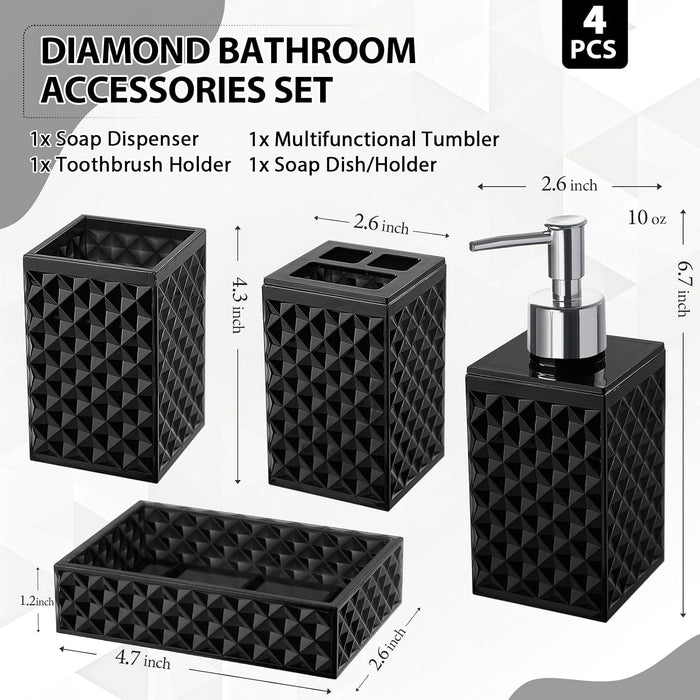 Black Bathroom Accessories Set, 4 Pack Matte Black Bath Accessory Sets Complete, Acrylic Soap Dispenser and Toothbrush Holder Set for Bathroom Counter Sink, Modern Bathroom Decor
