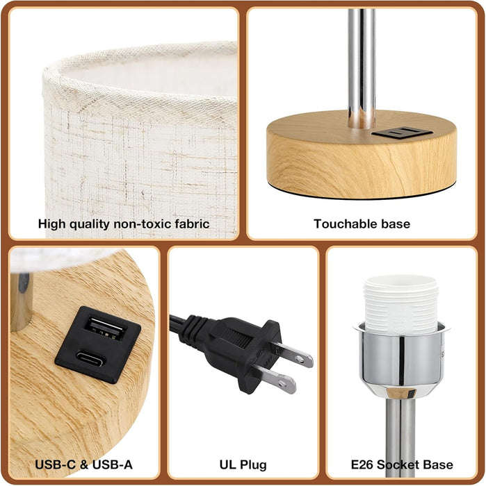 Bedside Table Lamp for Bedroom - 3-Way Dimmable Touch Lamp, USB A+C