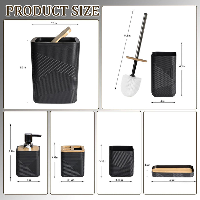 Bamboo Bathroom Accessories Set 6 Piece Square Spiral Set,Black