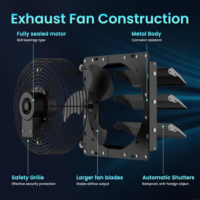 Upgraded 10 Inch Shutter Exhaust Fan with Speed Controller, 647CFM High-Speed Vent Fan with Mesh Screen, 1400RPM Wall Mounted Attic Fan for Shed, Garage, Greenhouse Ventilation, Black