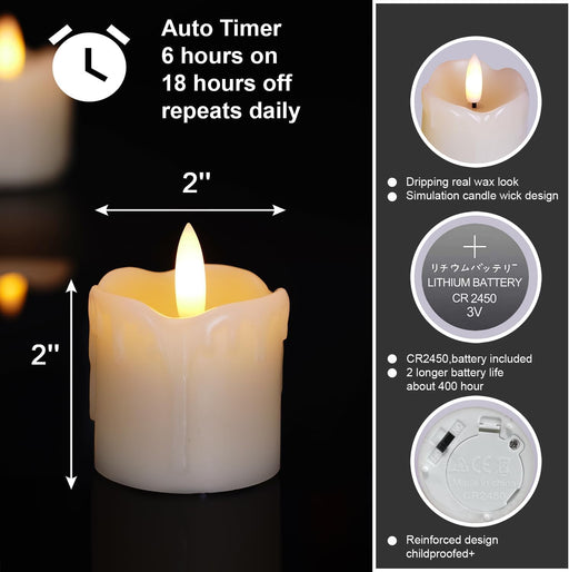 2"x2" Real Wax Flameless LED Votive Candles, 6H Timer, 6 Pack