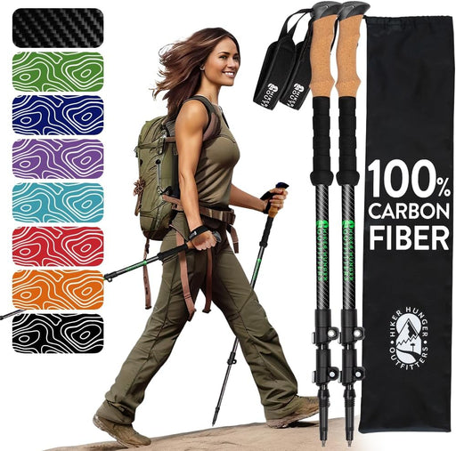 100% Carbon Fiber Trekking Poles by USA Brand - Ultra Strong Lightweight Collapsible Hiking Poles with Cork and EVA Foam
