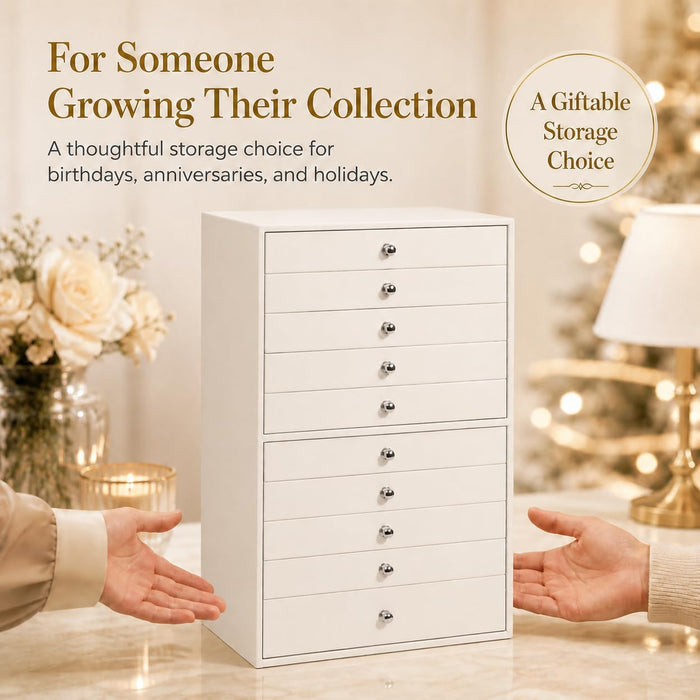 Large Jewelry Box, Jewelry Case with 10 Drawers for Big and Small Jewelry, Jewelry Storage Organizer for Watch Earrings Necklace Rings Bracelets, Birthday Wedding Gifts, White