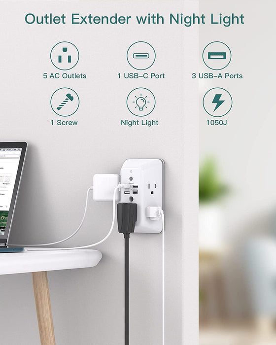 Surge Protector, 5 Outlet Extender with Night Light and 4 USB Ports