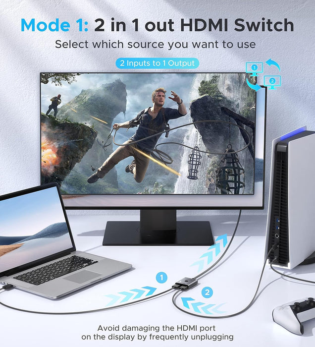 HDMI Switch 2 in 1 Out 4K@60Hz, [with 3.3ft Fixed Braided HDMI Cable, Aluminum Case, 2K@144Hz, HDCP 2.2] Bidirectional 2x1 Switcher Splitter Compatible for PS5/4, Xbox, Roku, FireStick, Switch