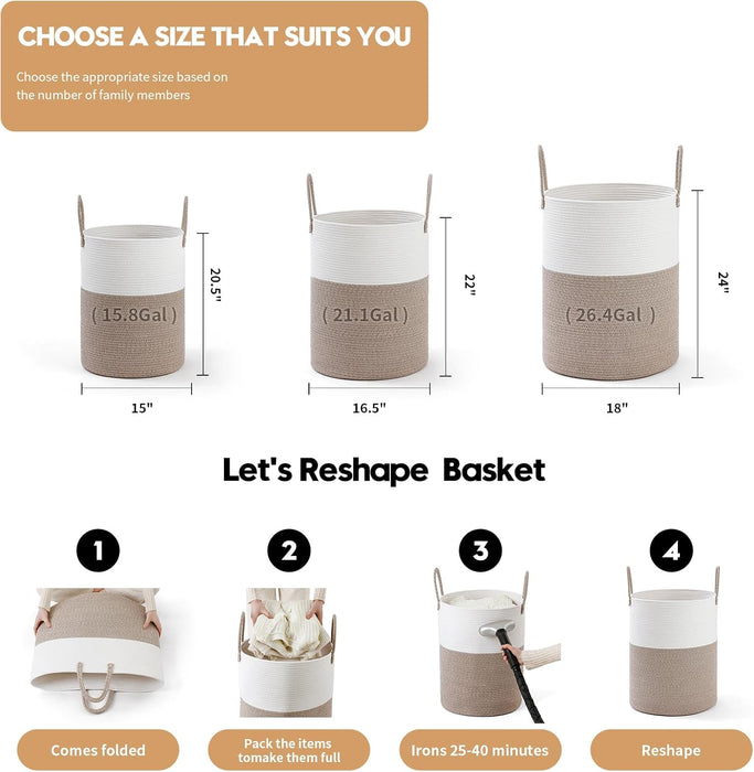 Laundry Basket Hamper Tall Rope Storage Woven for Blanket Toys Dirty Clothes in Living Room Bathroom Bedroom White & Bro
