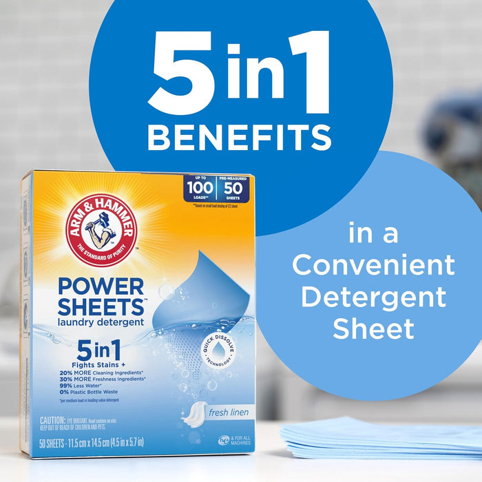 5-in-1 Power Sheets Laundry Detergent, Fresh Linen, 50 Count