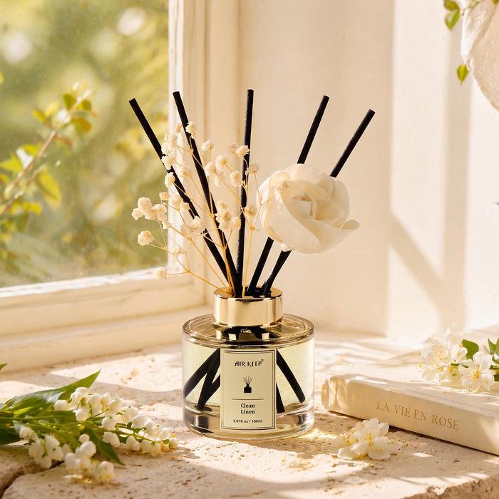 Flower Reed Diffusers Set, 5.07 oz Clean Linen Scented Oil Diffuser with 8 Reed Sticks, Home Fragrance Diffuser Gift Set for Bathroom & Office Decor 150ml