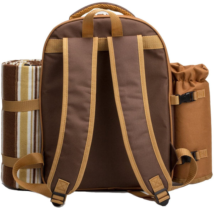 Picnic Backpack, 4-Person with Blanket & Wine, Family & Lovers Gift, Brown