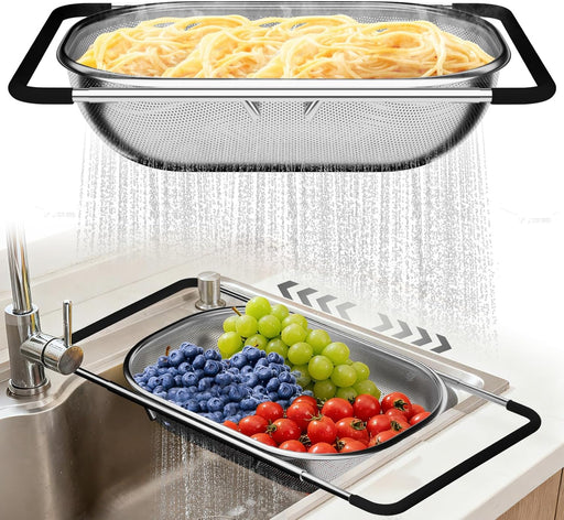 Over the Sink Colander - Strainers and Colanders - Sink Strainer Basket - Expandable Fine Mesh Strainer with Rubber Grip