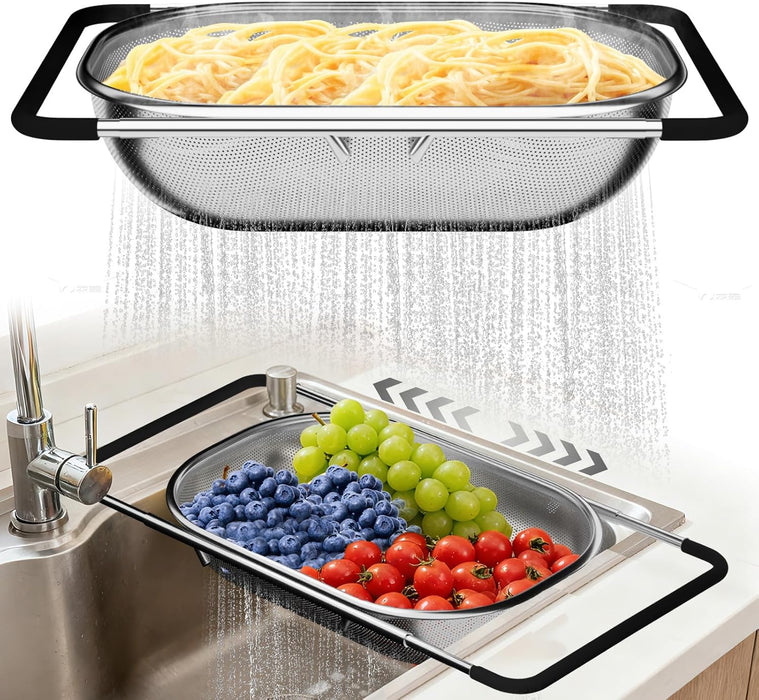 Over the Sink Colander - Strainers and Colanders - Sink Strainer Basket - Expandable Fine Mesh Strainer with Rubber Grip