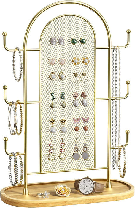 Jewelry Holder Organizer Earring Display - Earring Storage Tree Stands Towers With 6 Hooks 300 Studs Wood Tray Gold Metal Rack