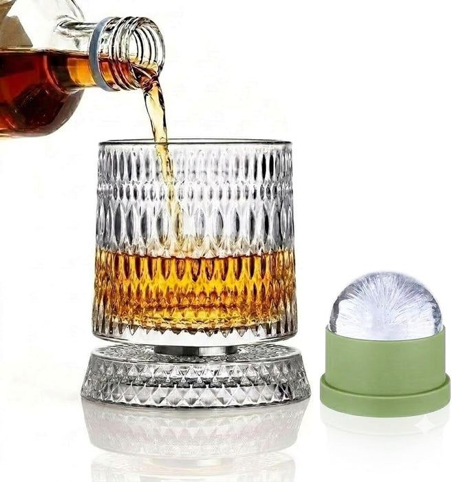 Spinning Crystal Whiskey Glass & Large Ice Ball Mold Set, 360° Rotating Bourbon Tumbler, Kinetic Glassware for Home Bar, Unique Gift for Men, Dad (Raindrop Pattern)