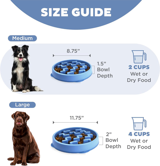 Fun Feeder Slo Bowl – Medium 2‑Cup Capacity, Slow Feeding, Small to Medium Dogs & Cats, Non-Slip, Blue, Notch Pattern
