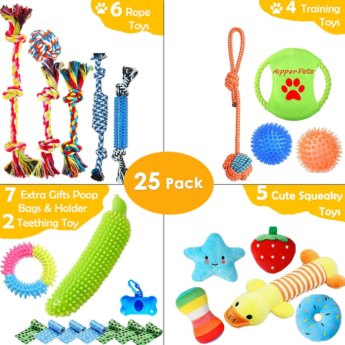 Dog Toys 25 Pack for Fun and Teeth Cleaning, Puppy Chew Toys Pack with Squeak Plush Toy,Squeaky Toy Balls,Tug of War and